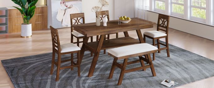 TOPMAX 6-Piece Wood Counter Height Dining Table Set with Storage Shelf, Kitchen Table Set with Bench and 4 Chairs,Rustic Style