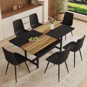 Table and chair set.71*35.4 inch Wooden And Black Spliced Dining Table With Storage Function In The Middle Of The Table Legs.Paired With 6 Black